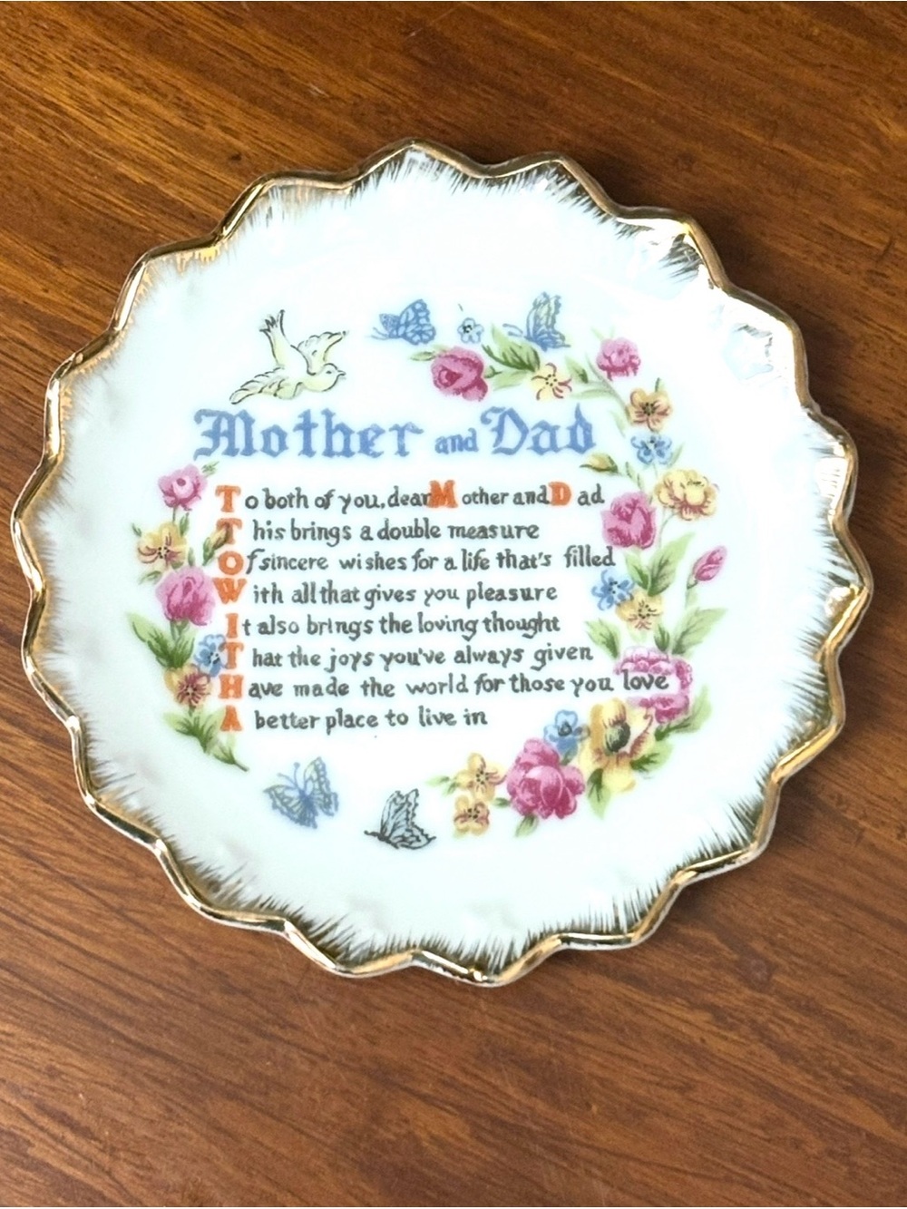 MID CENTURY VINTAGE MOTHER & DAD PLATE PORCELAIN GOLD RIM KEEPSAKE RETRO KITSCH